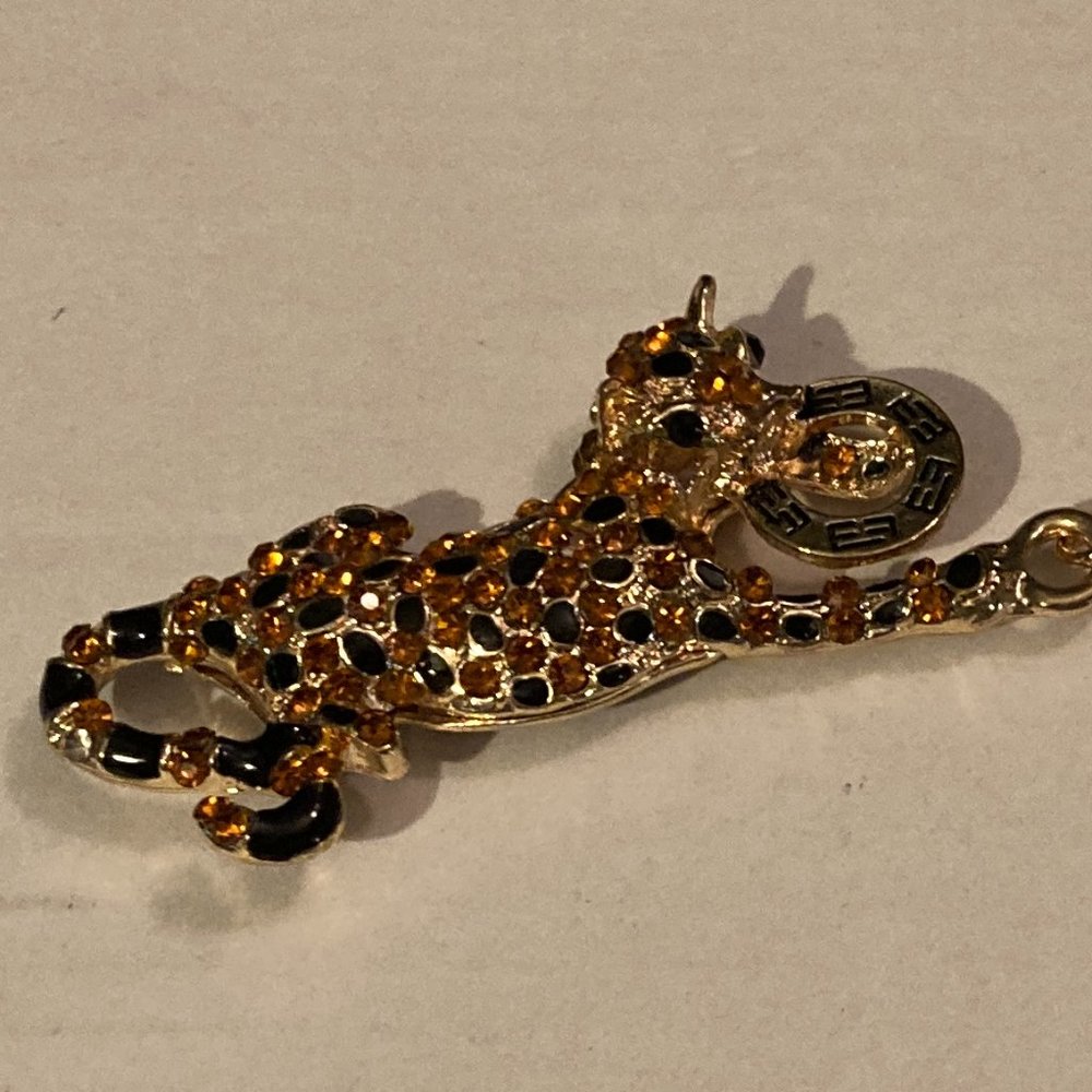 VTG 1990's EFFY LEOPARD-Gold Plated Crystals & Enamel Keychain/Bag Clip-5"-NEW - Picture 3 of 5